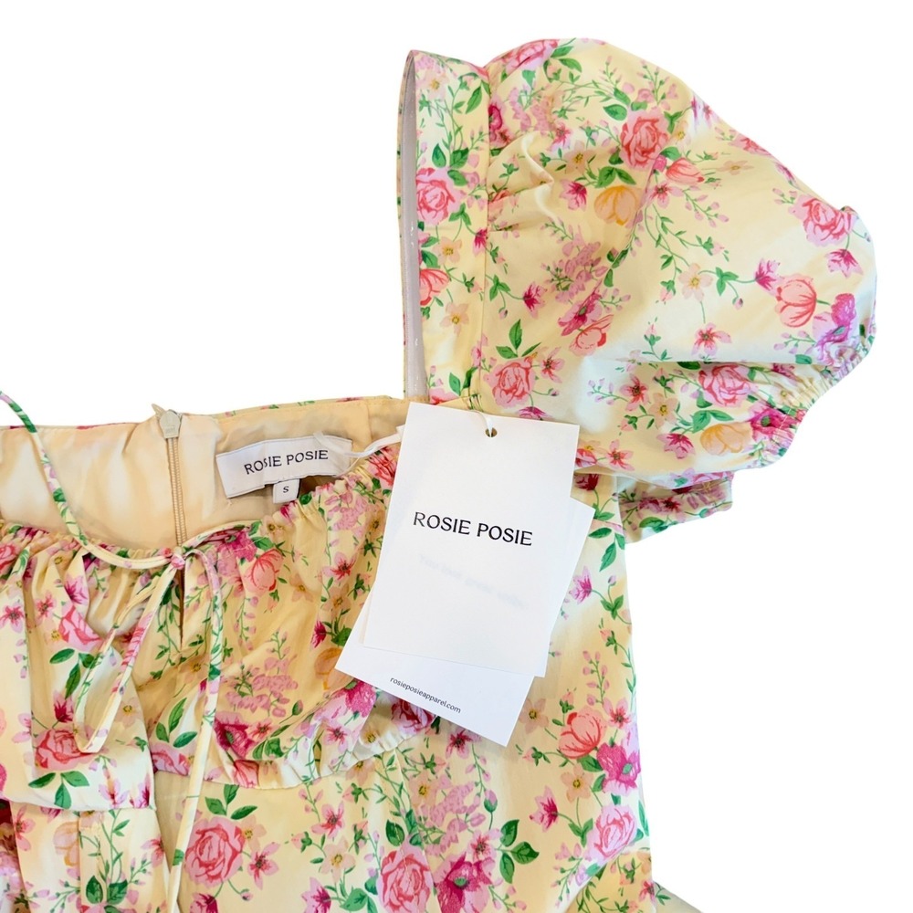 Rosie Posie Floral Cottagecore Midi Dress S Yellow Coquette Milkmaid Bridgerton - Picture 8 of 14